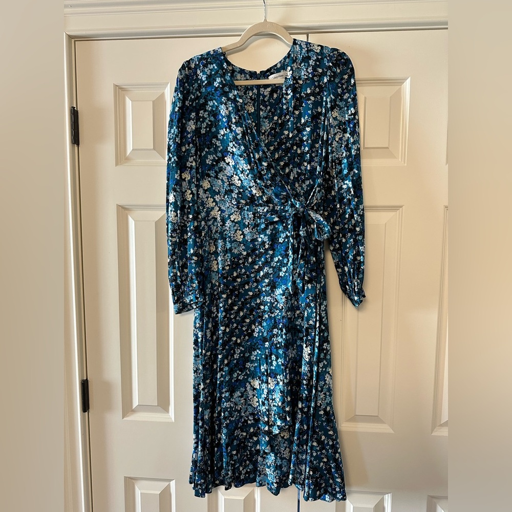Calvin Klein Blue Floral Wrap Midi Dress